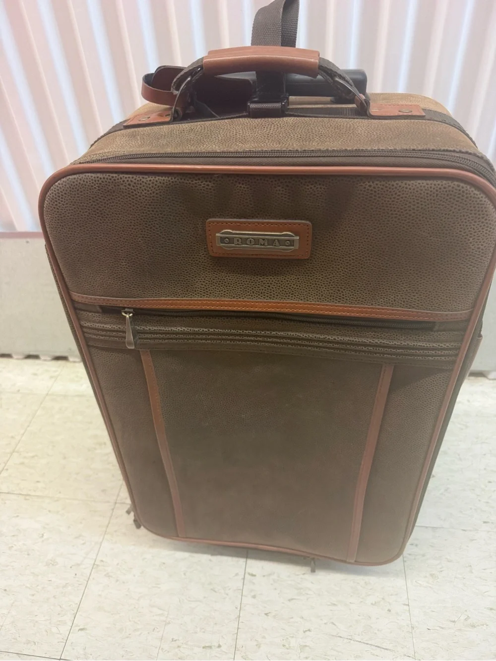 Brown Rolling Carry-On Suitcase with Leather Trim